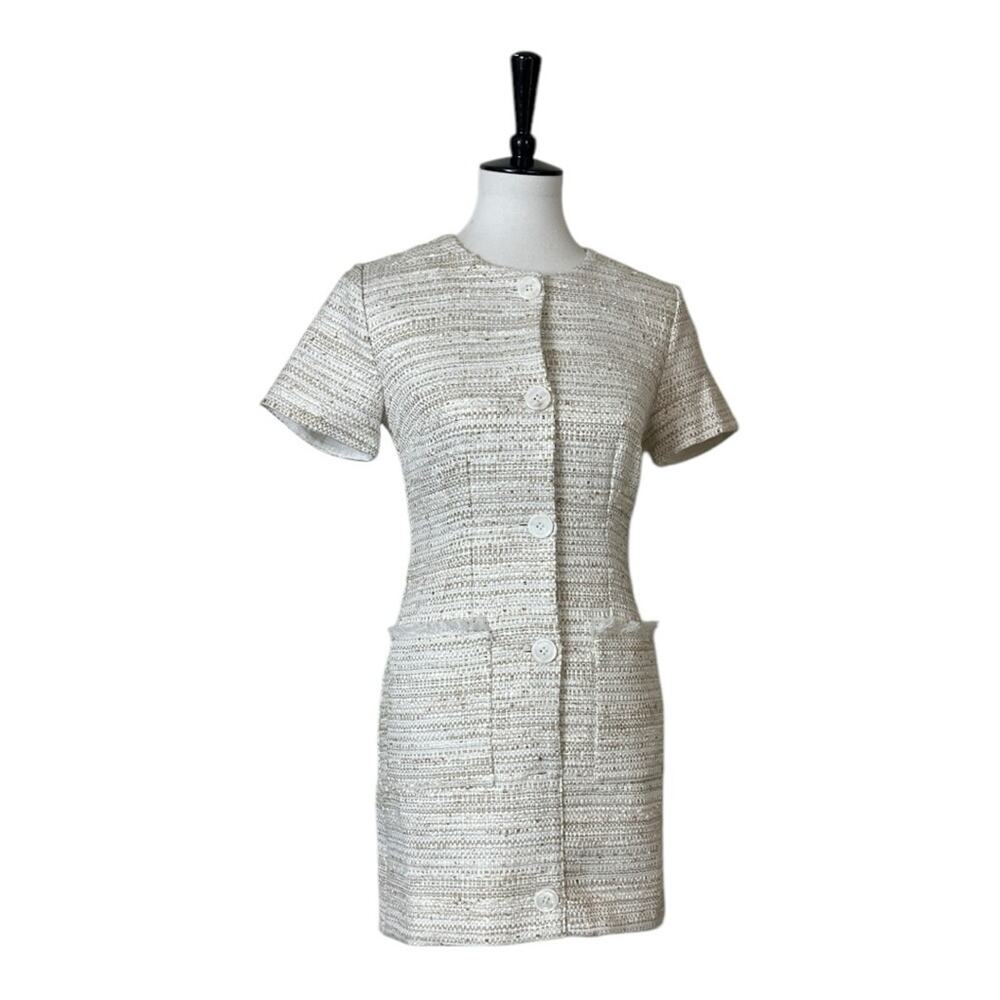 L'Academie Revolve NEW Cream Tweed Sheath Mini Dress Button Front Women Size XS